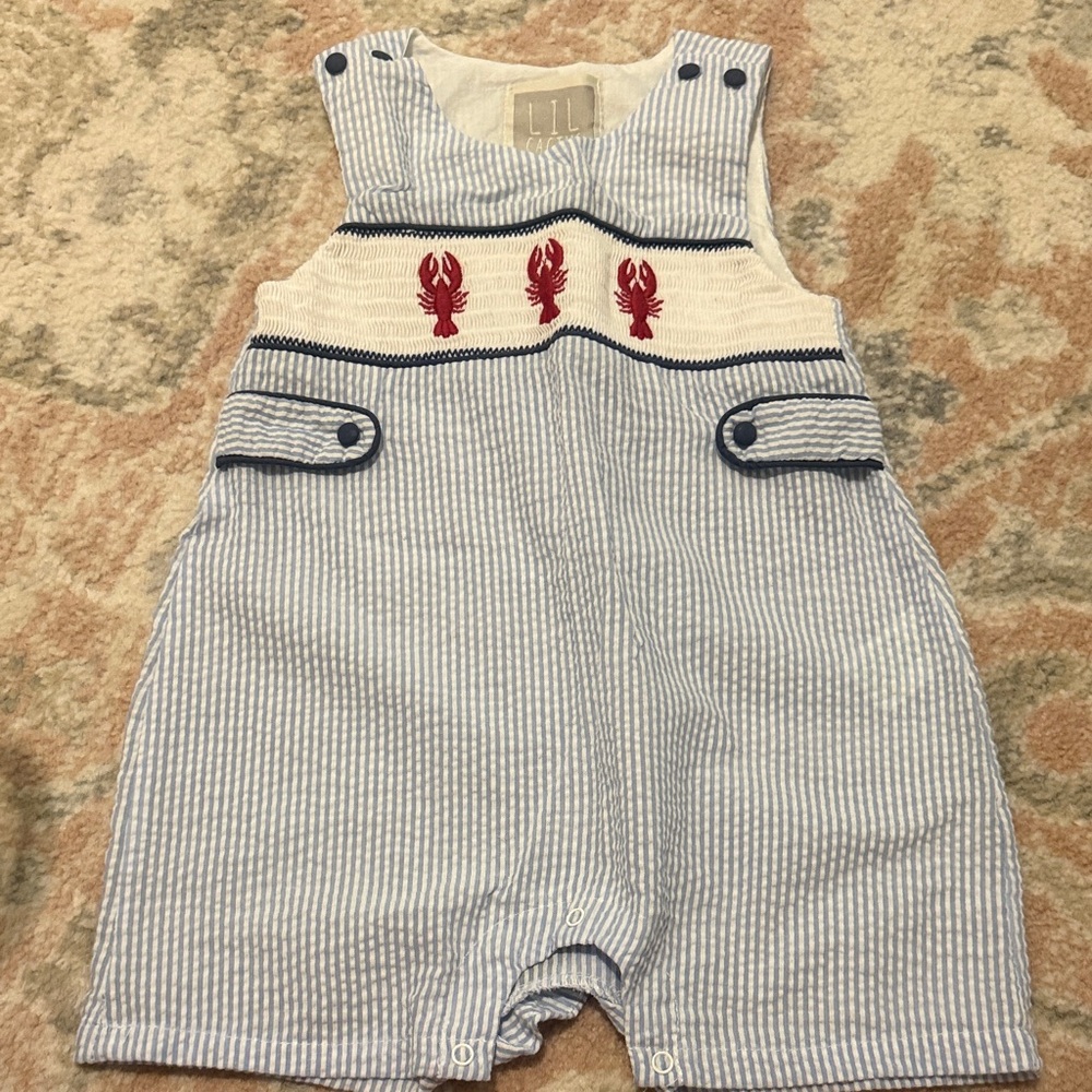 Lil cactus Blue Seersucker crawfish-Embroidered Jon Jon 2T